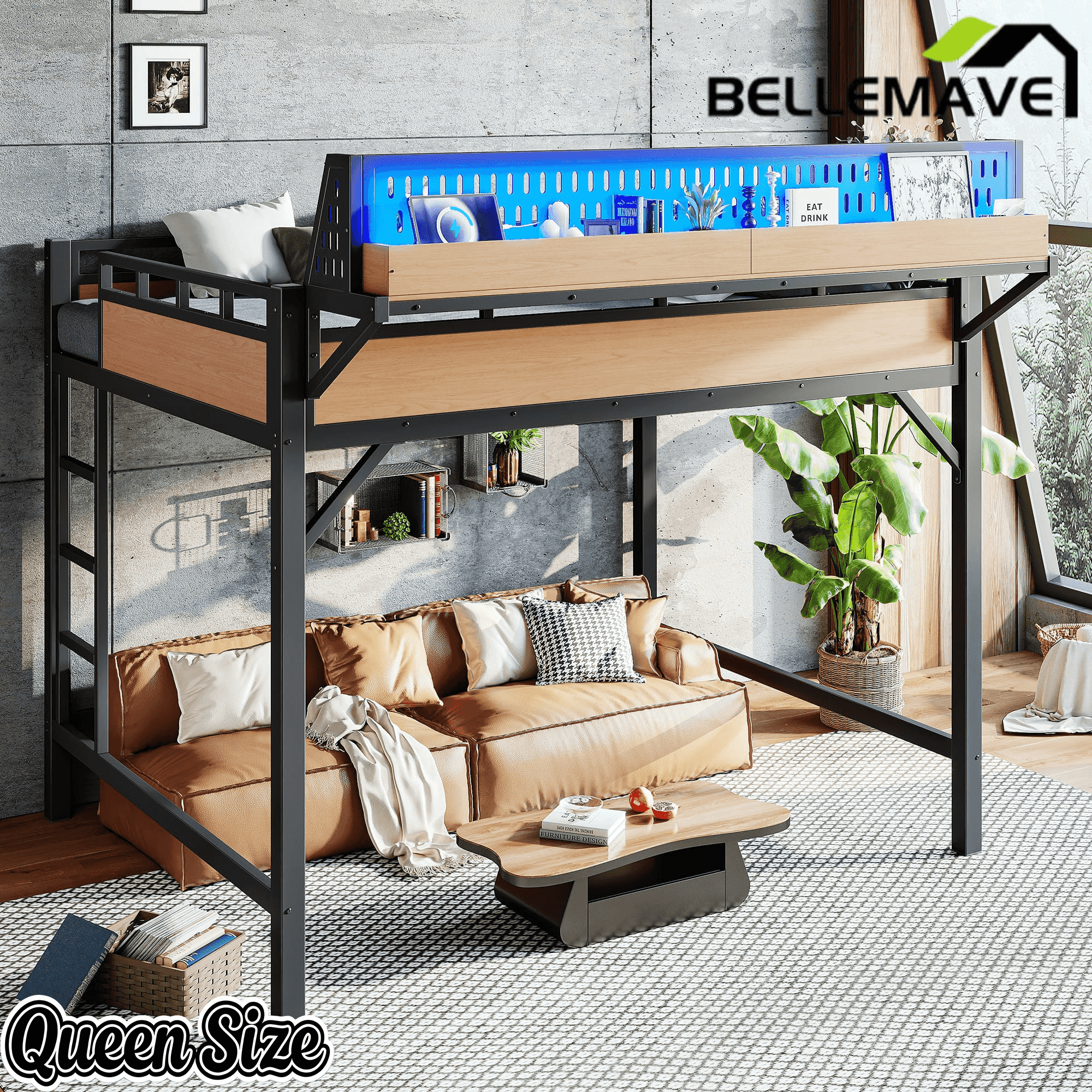 Bellemave® Loft Bed with Ladder, Storage Shelves & Pegboard, Metal Loft Bed Frame with USB Ports & LED Lights for Adults & Teens - Bellemave