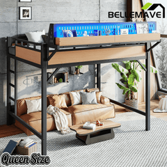 Bellemave® Loft Bed with Ladder, Storage Shelves & Pegboard, Metal Loft Bed Frame with USB Ports & LED Lights for Adults & Teens - Bellemave