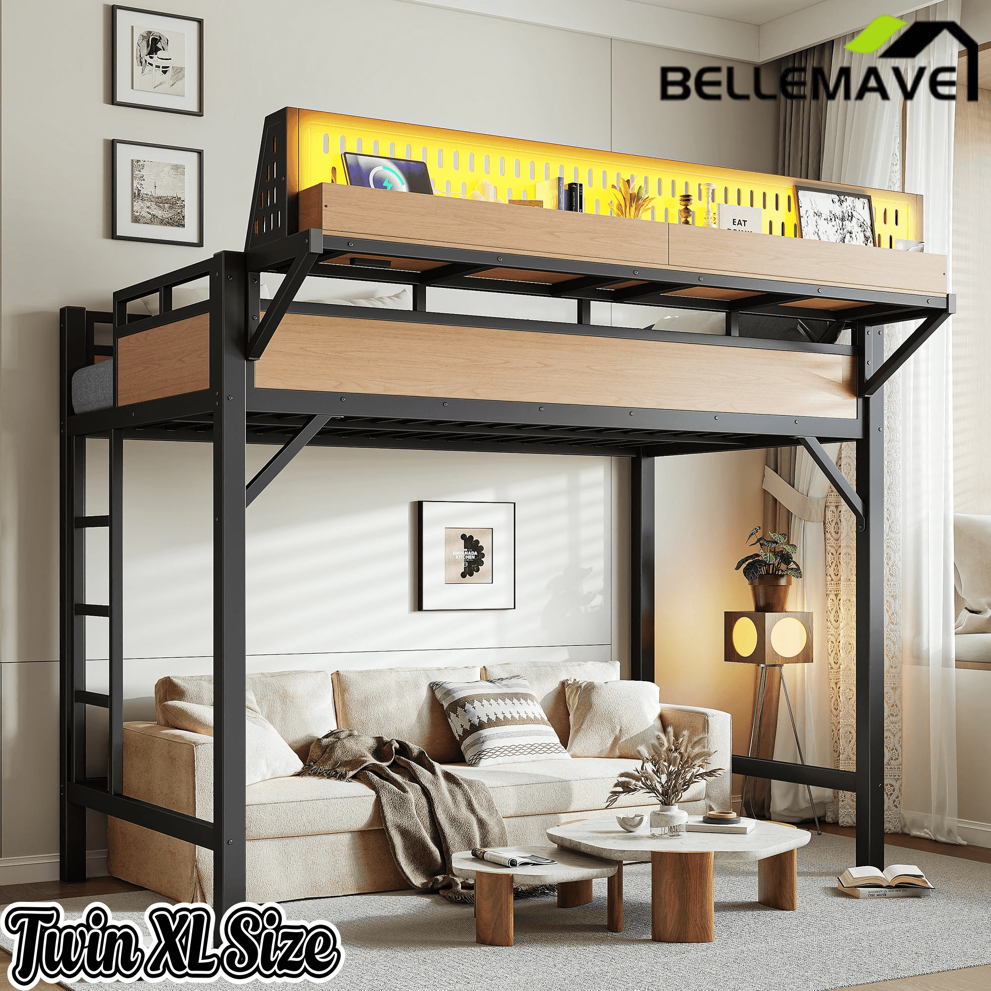 Bellemave® Loft Bed with Ladder, Storage Shelves & Pegboard, Metal Loft Bed Frame with USB Ports & LED Lights for Adults & Teens - Bellemave