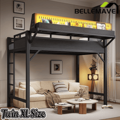 Bellemave® Loft Bed with Ladder, Storage Shelves & Pegboard, Metal Loft Bed Frame with USB Ports & LED Lights for Adults & Teens - Bellemave