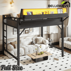 Bellemave® Loft Bed with Ladder, Storage Shelves & Pegboard, Metal Loft Bed Frame with USB Ports & LED Lights for Adults & Teens - Bellemave