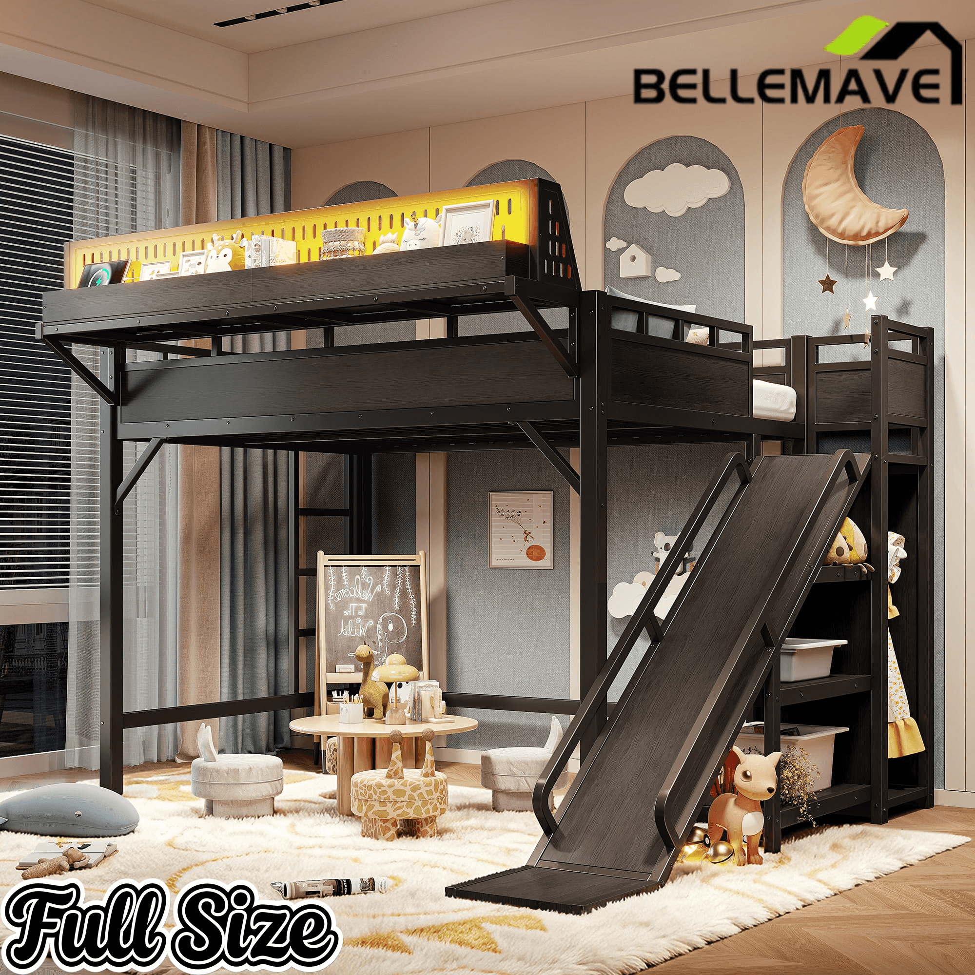 Bellemave® Loft Bed with Ladder, Storage Shelves & Slide,Wardrobe & Pegboard, Metal Loft Bed Frame with USB Ports & LED Lights - Bellemave