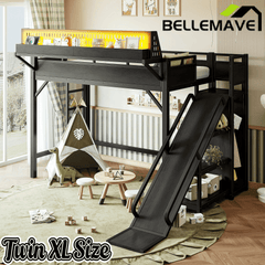 Bellemave® Loft Bed with Ladder, Storage Shelves & Slide,Wardrobe & Pegboard, Metal Loft Bed Frame with USB Ports & LED Lights - Bellemave