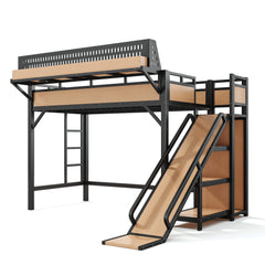 Bellemave® Loft Bed with Ladder, Storage Shelves & Slide,Wardrobe & Pegboard, Metal Loft Bed Frame with USB Ports & LED Lights - Bellemave