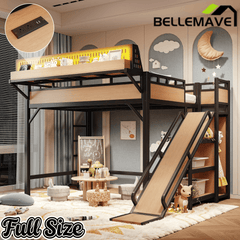 Bellemave® Loft Bed with Ladder, Storage Shelves & Slide,Wardrobe & Pegboard, Metal Loft Bed Frame with USB Ports & LED Lights - Bellemave