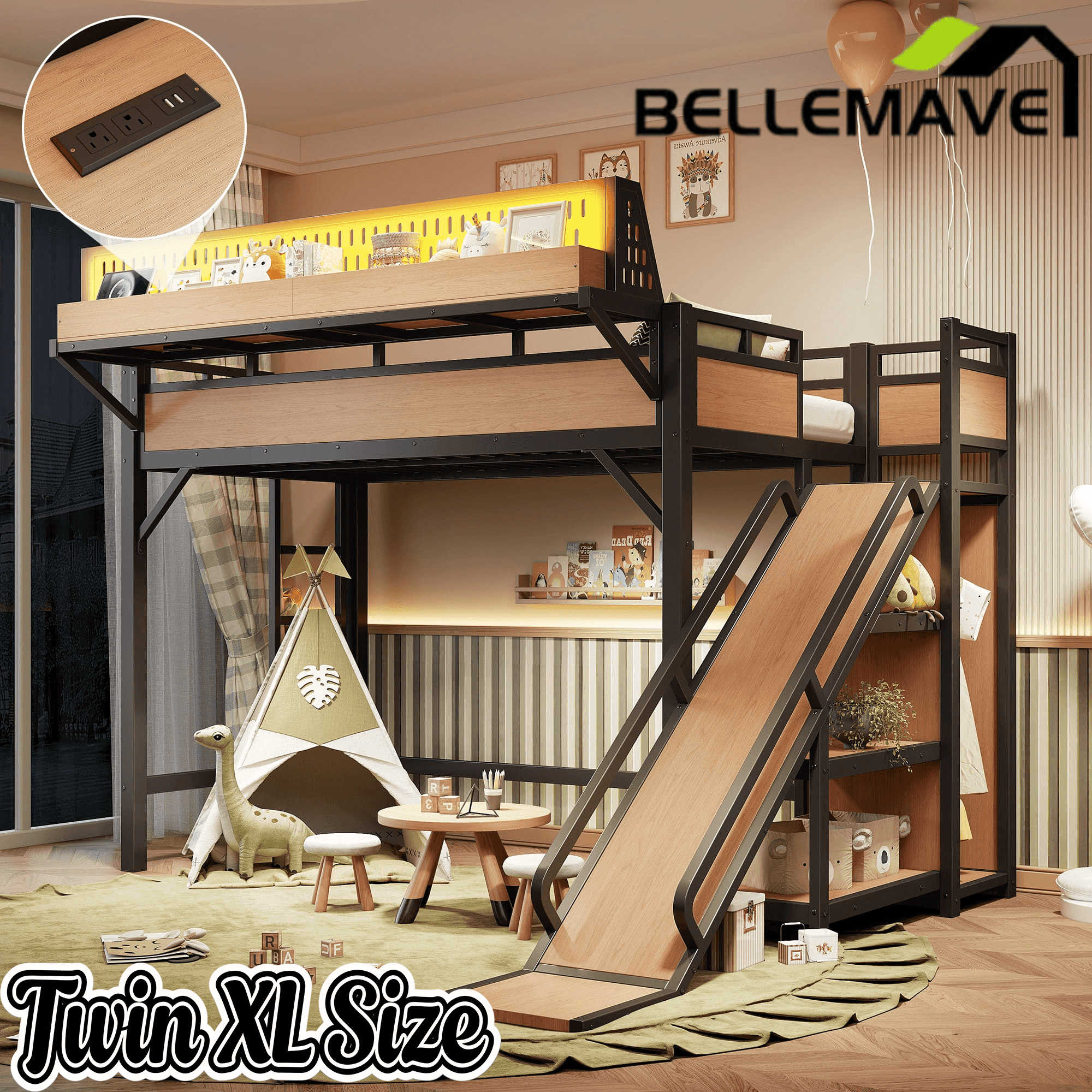 Bellemave® Loft Bed with Ladder, Storage Shelves & Slide,Wardrobe & Pegboard, Metal Loft Bed Frame with USB Ports & LED Lights - Bellemave