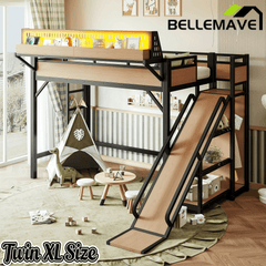 Bellemave® Loft Bed with Ladder, Storage Shelves & Slide,Wardrobe & Pegboard, Metal Loft Bed Frame with USB Ports & LED Lights - Bellemave