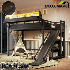 Bellemave® Loft Bed with Ladder, Storage Shelves & Slide,Wardrobe & Pegboard, Metal Loft Bed Frame with USB Ports & LED Lights - Bellemave