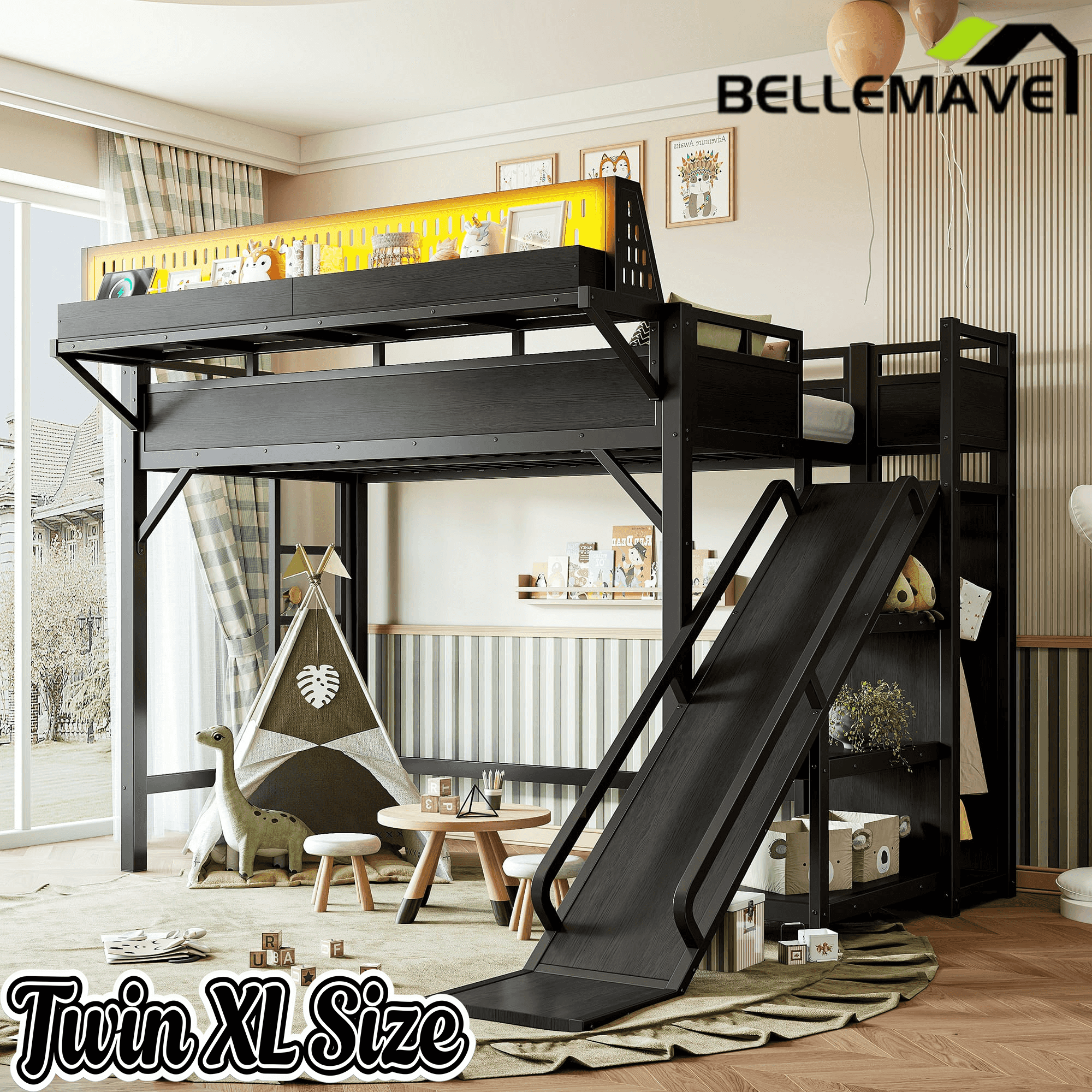 Bellemave® Loft Bed with Ladder, Storage Shelves & Slide,Wardrobe & Pegboard, Metal Loft Bed Frame with USB Ports & LED Lights - Bellemave