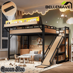 Bellemave® Loft Bed with Ladder, Storage Shelves & Slide,Wardrobe & Pegboard, Metal Loft Bed Frame with USB Ports & LED Lights - Bellemave