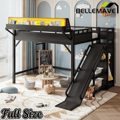 Bellemave® Loft Bed with Ladder, Storage Shelves & Slide,Wardrobe & Pegboard, Metal Loft Bed Frame with USB Ports & LED Lights - Bellemave