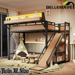 Bellemave® Loft Bed with Ladder, Storage Shelves & Slide,Wardrobe & Pegboard, Metal Loft Bed Frame with USB Ports & LED Lights - Bellemave