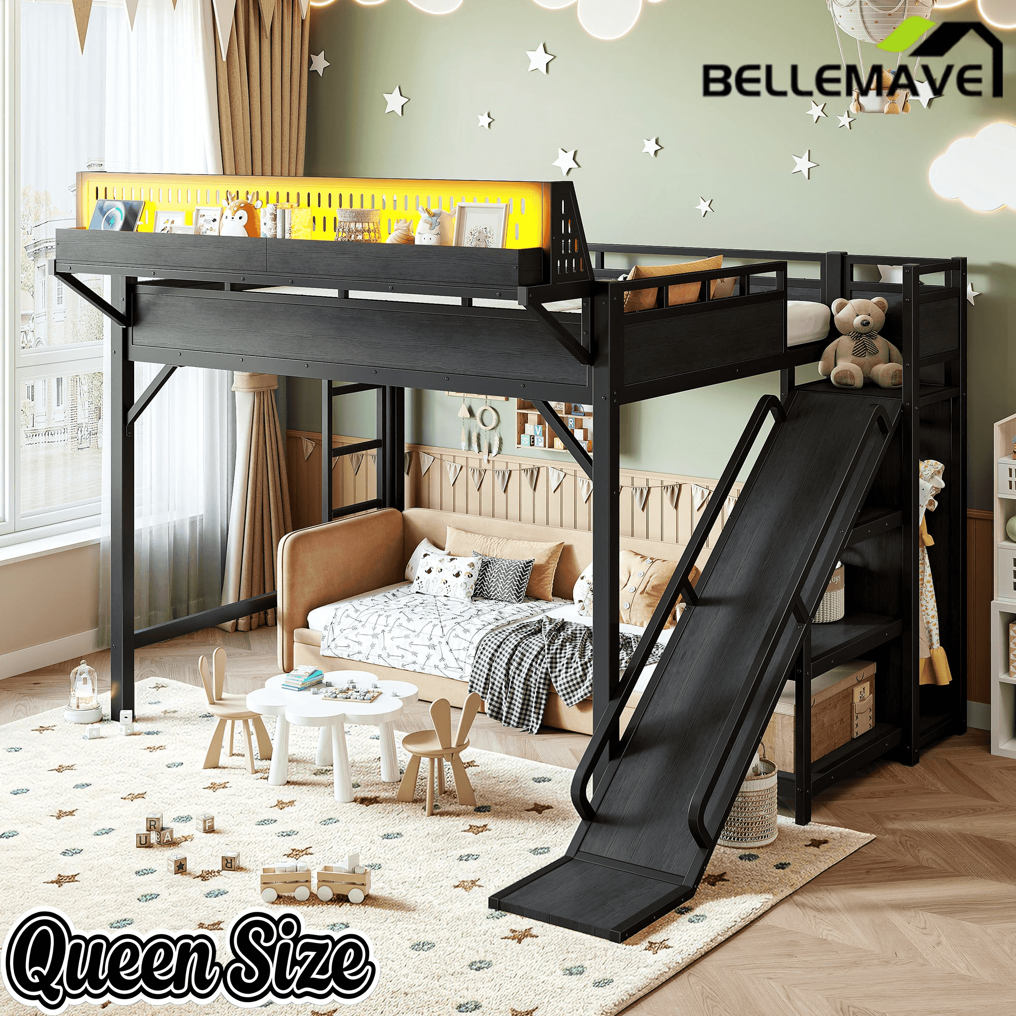 Bellemave® Loft Bed with Ladder, Storage Shelves & Slide,Wardrobe & Pegboard, Metal Loft Bed Frame with USB Ports & LED Lights - Bellemave