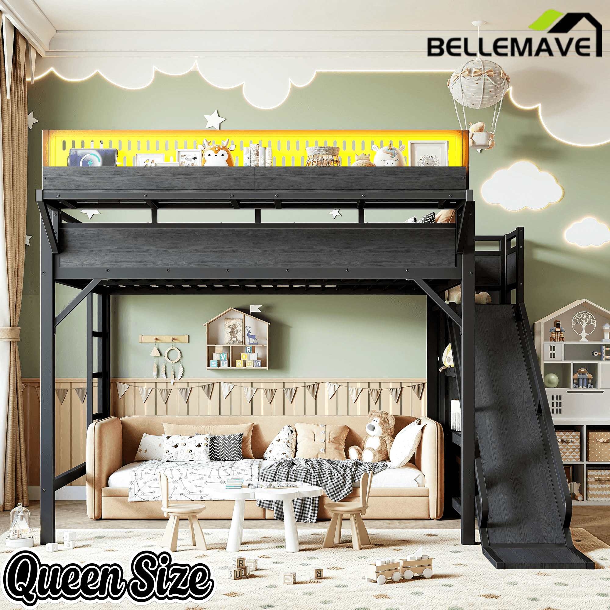 Bellemave® Loft Bed with Ladder, Storage Shelves & Slide,Wardrobe & Pegboard, Metal Loft Bed Frame with USB Ports & LED Lights - Bellemave