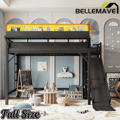 Bellemave® Loft Bed with Ladder, Storage Shelves & Slide,Wardrobe & Pegboard, Metal Loft Bed Frame with USB Ports & LED Lights - Bellemave