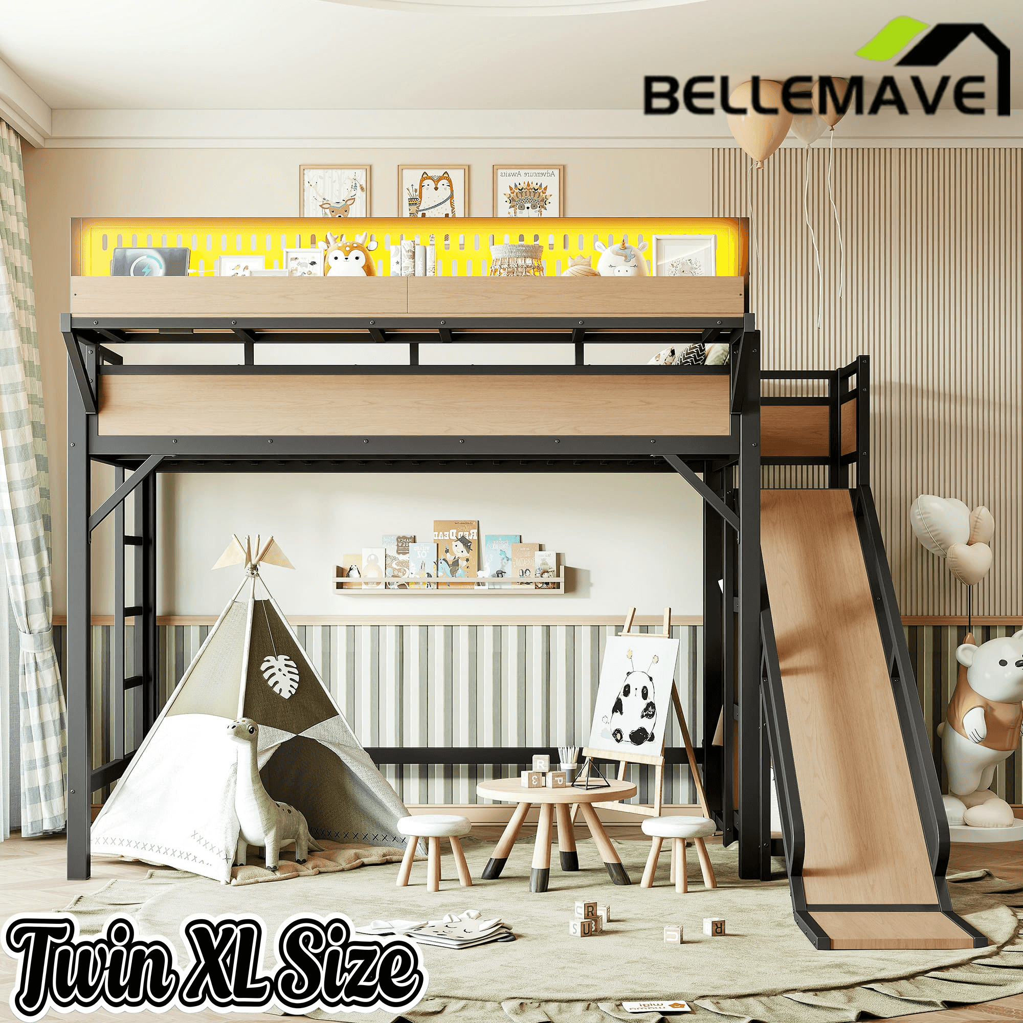 Bellemave® Loft Bed with Ladder, Storage Shelves & Slide,Wardrobe & Pegboard, Metal Loft Bed Frame with USB Ports & LED Lights - Bellemave