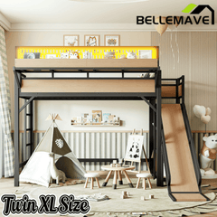 Bellemave® Loft Bed with Ladder, Storage Shelves & Slide,Wardrobe & Pegboard, Metal Loft Bed Frame with USB Ports & LED Lights - Bellemave