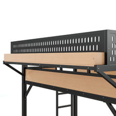 Bellemave® Loft Bed with Ladder, Storage Shelves & Slide,Wardrobe & Pegboard, Metal Loft Bed Frame with USB Ports & LED Lights - Bellemave