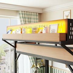 Bellemave® Loft Bed with Ladder, Storage Shelves & Slide,Wardrobe & Pegboard, Metal Loft Bed Frame with USB Ports & LED Lights - Bellemave
