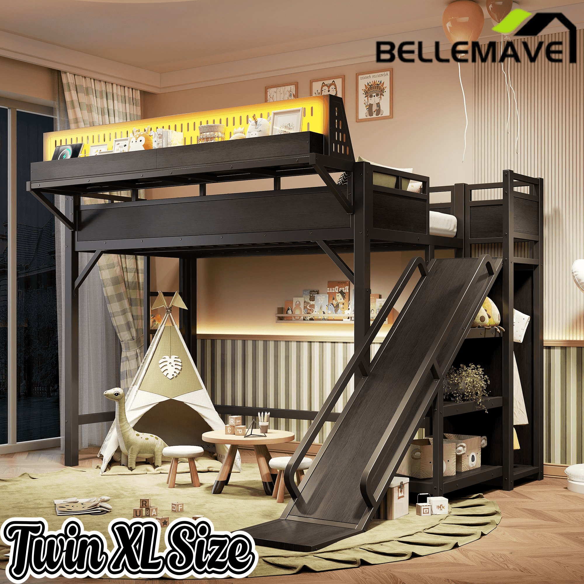 Bellemave® Loft Bed with Ladder, Storage Shelves & Slide,Wardrobe & Pegboard, Metal Loft Bed Frame with USB Ports & LED Lights - Bellemave