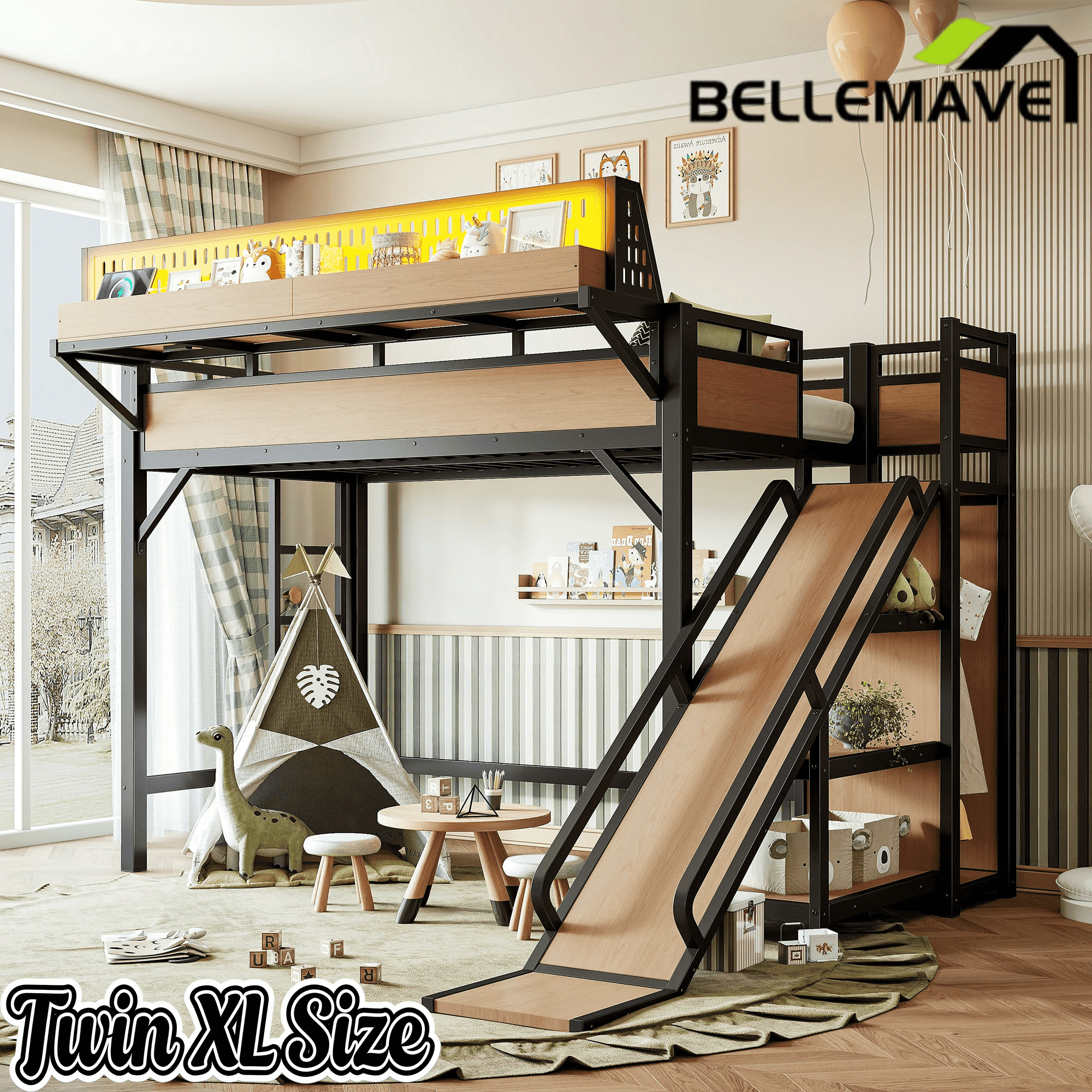 Bellemave® Loft Bed with Ladder, Storage Shelves & Slide,Wardrobe & Pegboard, Metal Loft Bed Frame with USB Ports & LED Lights - Bellemave