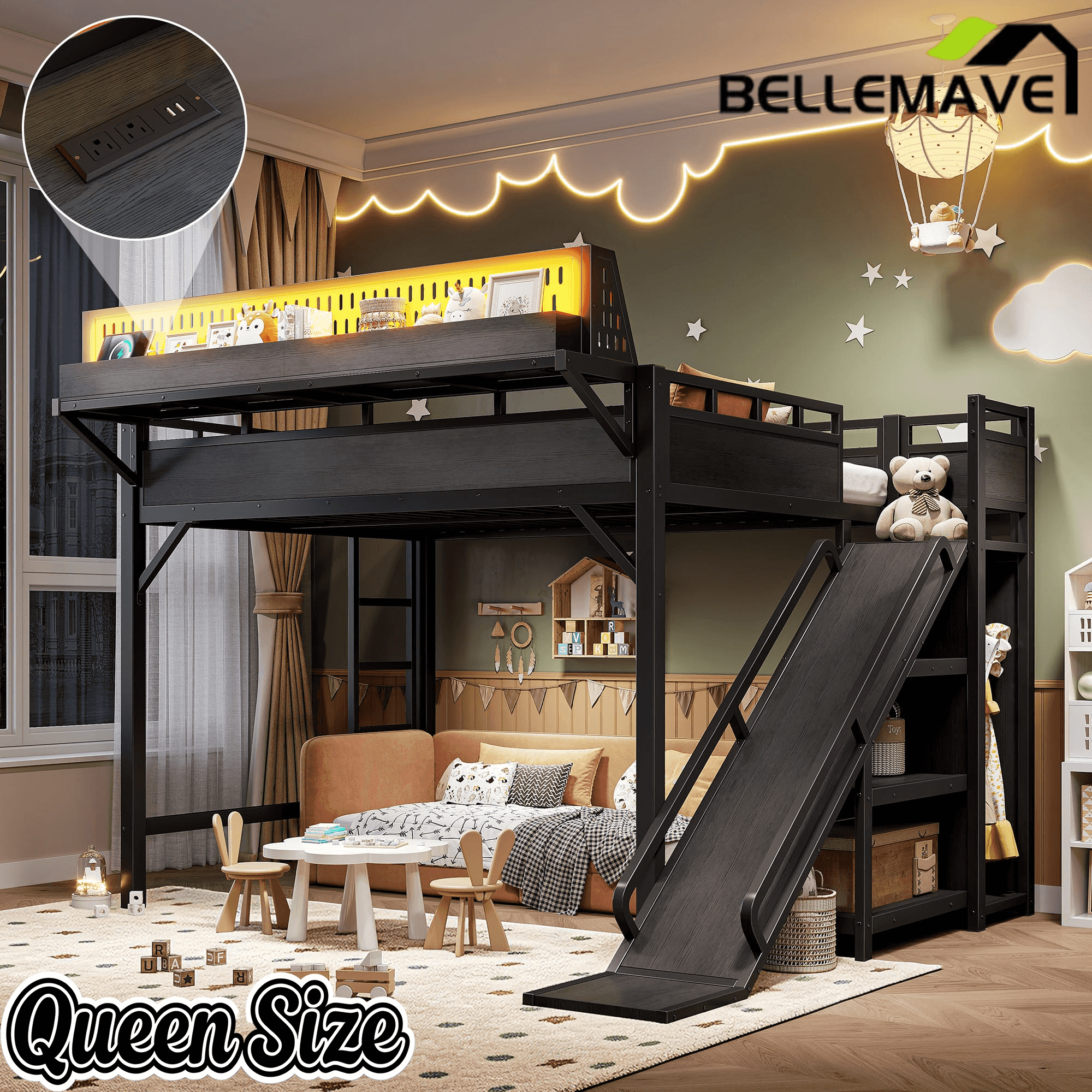 Bellemave® Loft Bed with Ladder, Storage Shelves & Slide,Wardrobe & Pegboard, Metal Loft Bed Frame with USB Ports & LED Lights - Bellemave