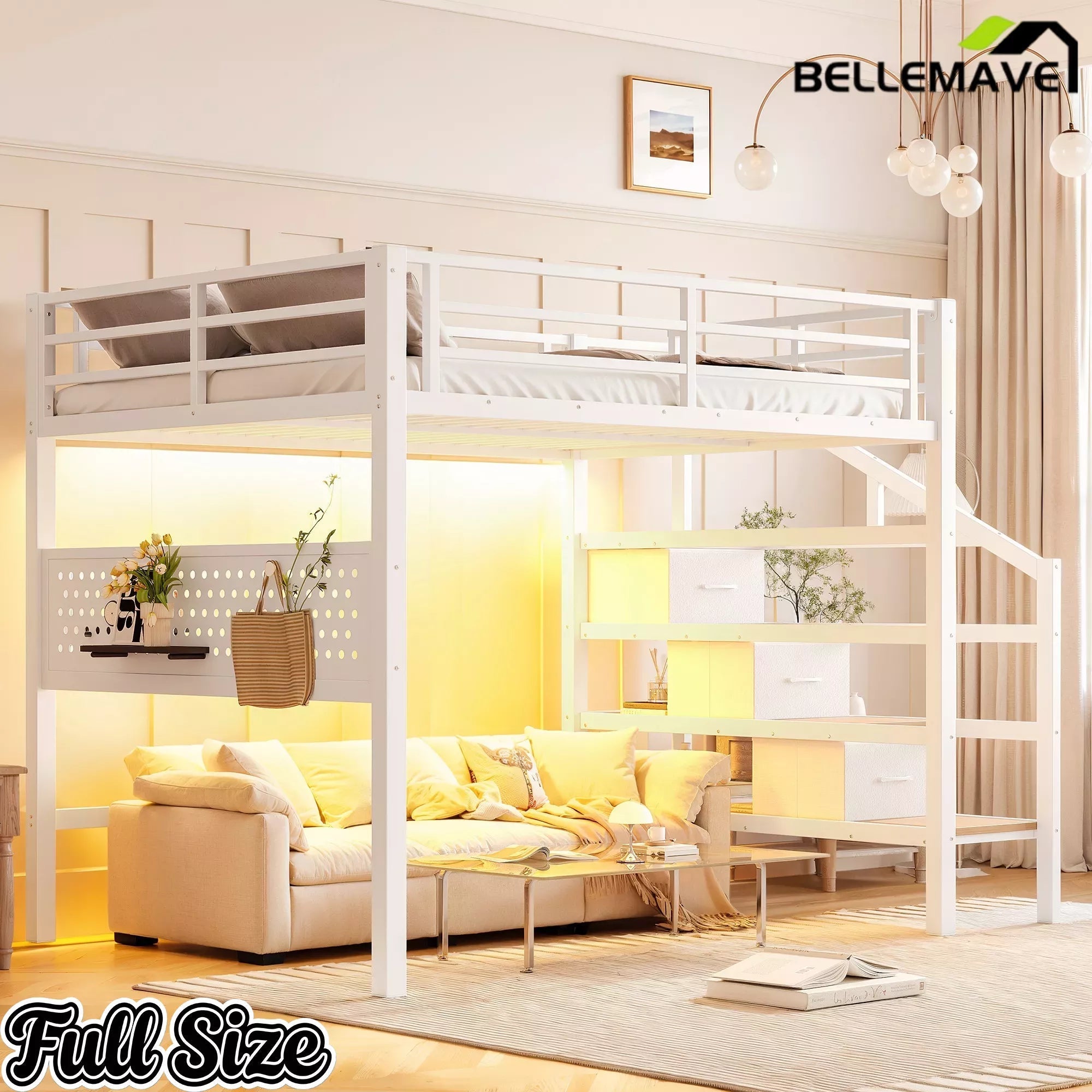 Bellemave® Loft Bed with Movable Desk, Storage Stairs & Shelves, Metal Bed with LED Lights, USB Ports, Multifunctional Iron Nets for Adults, Kids, Teens - Bellemave
