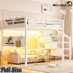 Bellemave® Loft Bed with Movable Desk, Storage Stairs & Shelves, Metal Bed with LED Lights, USB Ports, Multifunctional Iron Nets for Adults, Kids, Teens - Bellemave