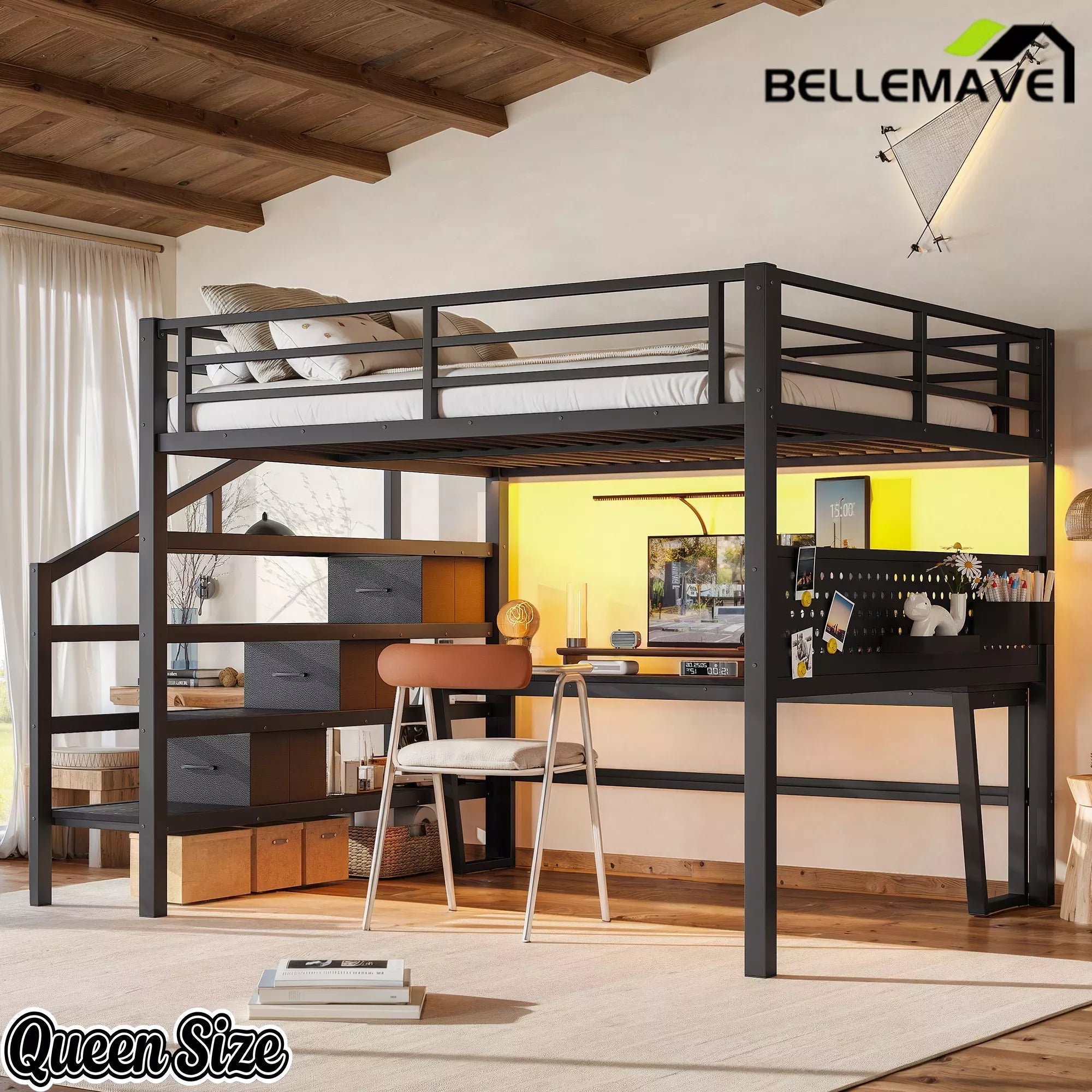 Bellemave® Loft Bed with Movable Desk, Storage Stairs & Shelves, Metal Bed with LED Lights, USB Ports, Multifunctional Iron Nets for Adults, Kids, Teens - Bellemave