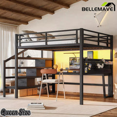 Bellemave® Loft Bed with Movable Desk, Storage Stairs & Shelves, Metal Bed with LED Lights, USB Ports, Multifunctional Iron Nets for Adults, Kids, Teens - Bellemave
