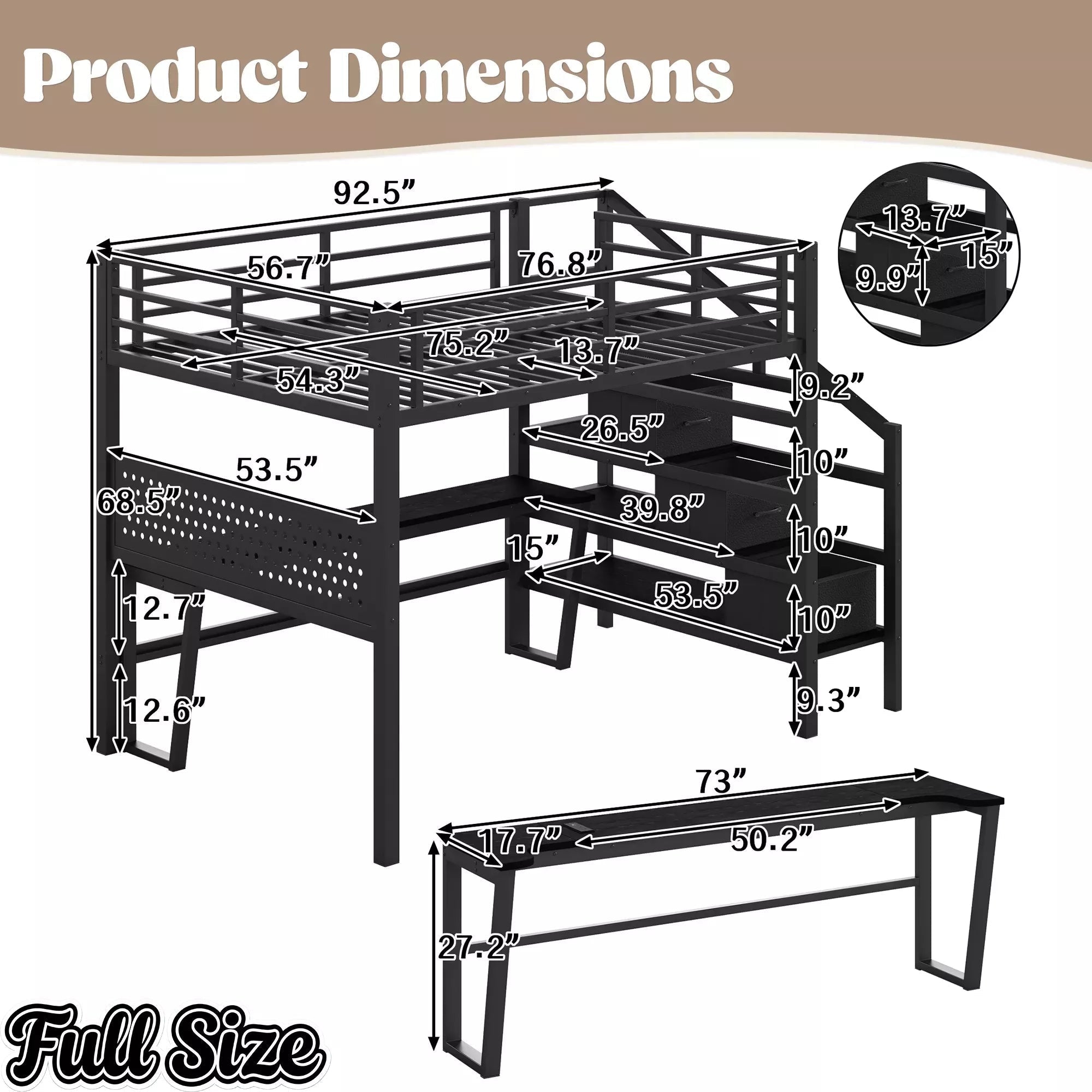 Bellemave® Loft Bed with Movable Desk, Storage Stairs & Shelves, Metal Bed with LED Lights, USB Ports, Multifunctional Iron Nets for Adults, Kids, Teens - Bellemave