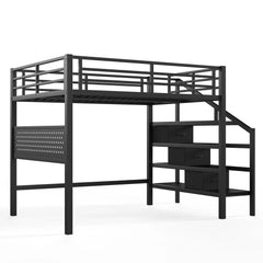 Bellemave® Loft Bed with Movable Desk, Storage Stairs & Shelves, Metal Bed with LED Lights, USB Ports, Multifunctional Iron Nets for Adults, Kids, Teens - Bellemave