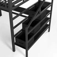Bellemave® Loft Bed with Movable Desk, Storage Stairs & Shelves, Metal Bed with LED Lights, USB Ports, Multifunctional Iron Nets for Adults, Kids, Teens - Bellemave