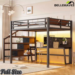Bellemave® Loft Bed with Movable Desk, Storage Stairs & Shelves, Metal Bed with LED Lights, USB Ports, Multifunctional Iron Nets for Adults, Kids, Teens - Bellemave