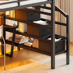 Bellemave® Loft Bed with Movable Desk, Storage Stairs & Shelves, Metal Bed with LED Lights, USB Ports, Multifunctional Iron Nets for Adults, Kids, Teens - Bellemave