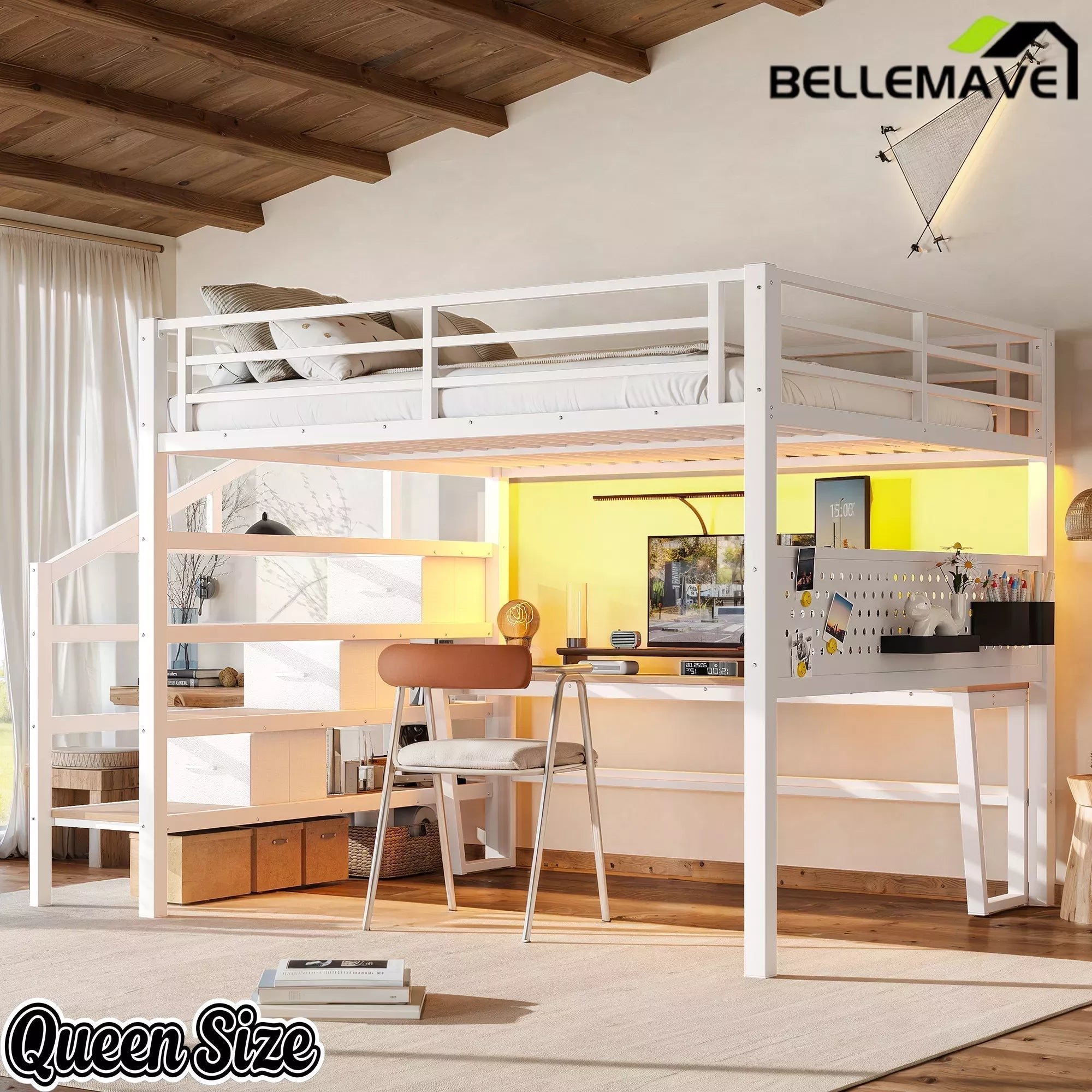 Bellemave® Loft Bed with Movable Desk, Storage Stairs & Shelves, Metal Bed with LED Lights, USB Ports, Multifunctional Iron Nets for Adults, Kids, Teens - Bellemave