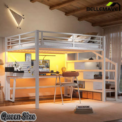 Bellemave® Loft Bed with Movable Desk, Storage Stairs & Shelves, Metal Bed with LED Lights, USB Ports, Multifunctional Iron Nets for Adults, Kids, Teens - Bellemave