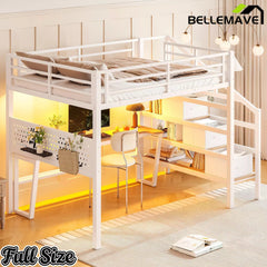 Bellemave® Loft Bed with Movable Desk, Storage Stairs & Shelves, Metal Bed with LED Lights, USB Ports, Multifunctional Iron Nets for Adults, Kids, Teens - Bellemave