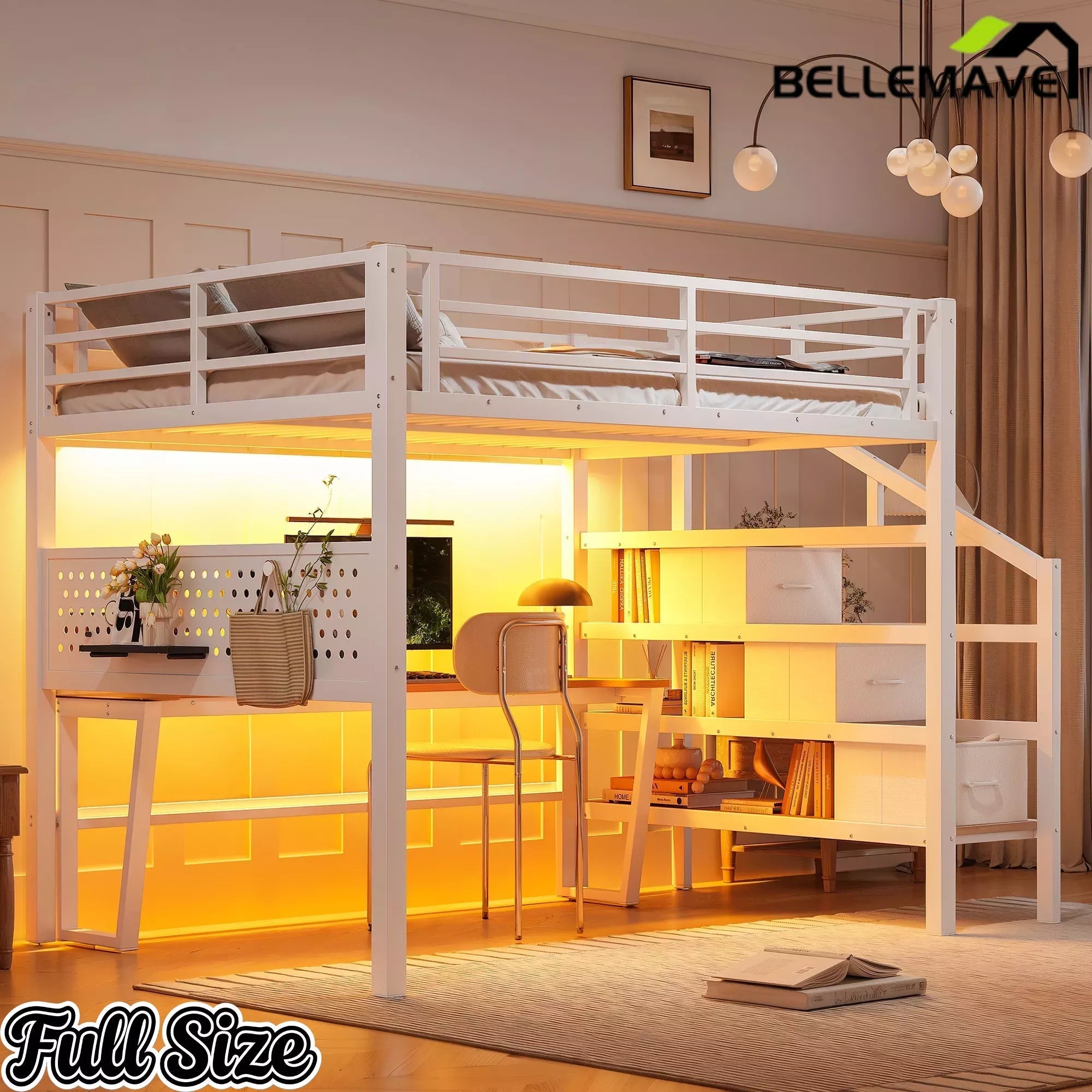 Bellemave® Loft Bed with Movable Desk, Storage Stairs & Shelves, Metal Bed with LED Lights, USB Ports, Multifunctional Iron Nets for Adults, Kids, Teens - Bellemave