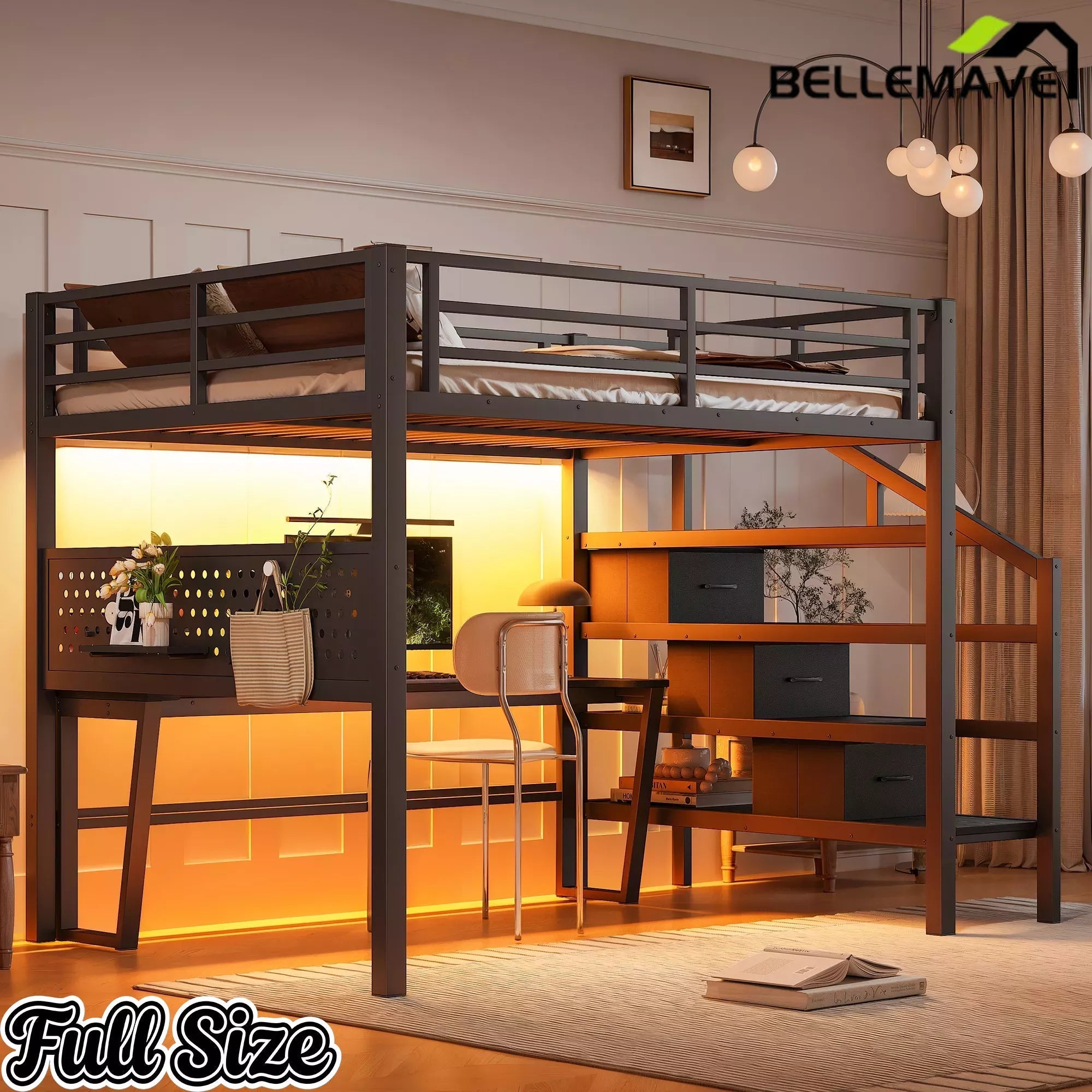 Bellemave® Loft Bed with Movable Desk, Storage Stairs & Shelves, Metal Bed with LED Lights, USB Ports, Multifunctional Iron Nets for Adults, Kids, Teens - Bellemave