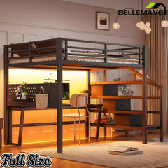Bellemave® Loft Bed with Movable Desk, Storage Stairs & Shelves, Metal Bed with LED Lights, USB Ports, Multifunctional Iron Nets for Adults, Kids, Teens - Bellemave