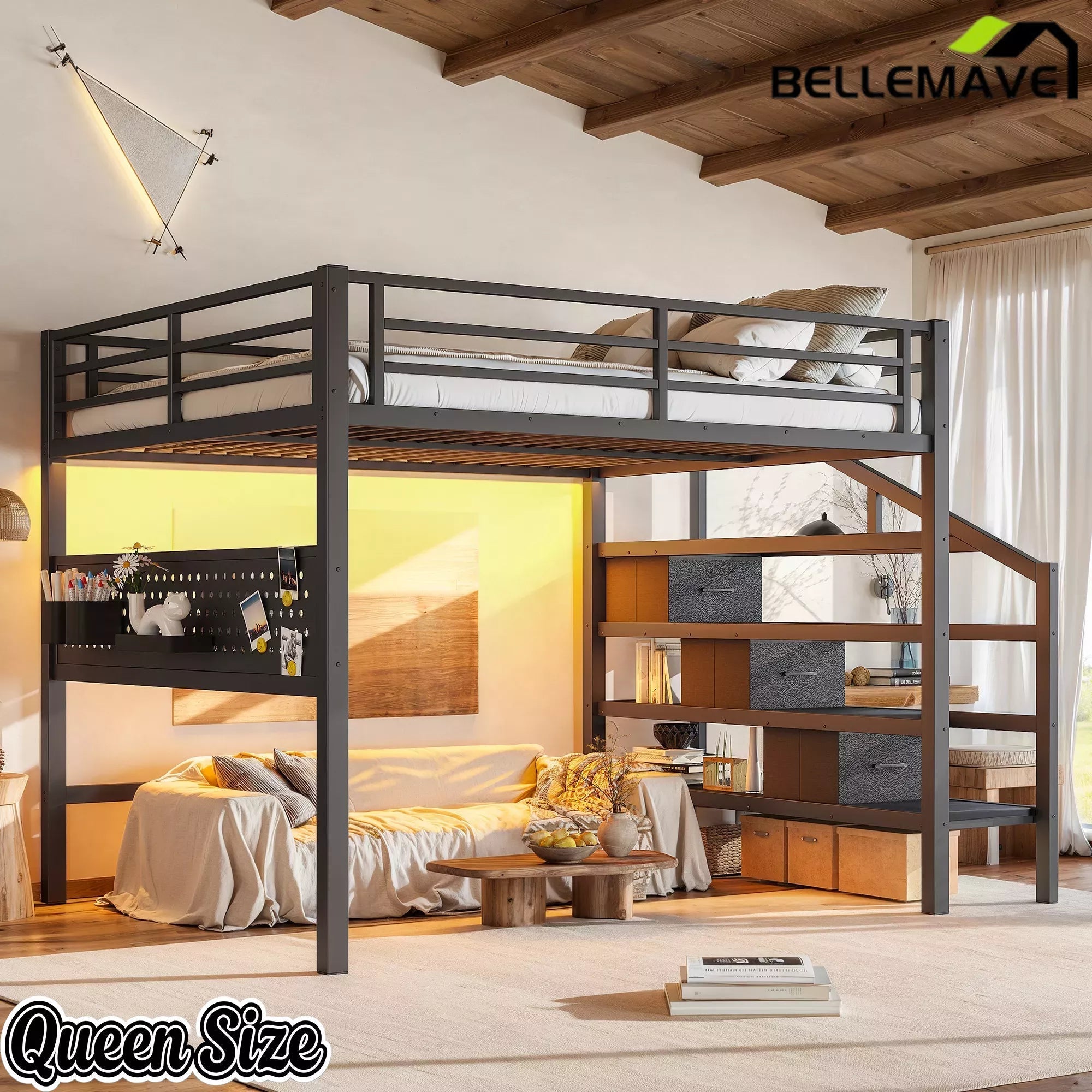 Bellemave® Loft Bed with Movable Desk, Storage Stairs & Shelves, Metal Bed with LED Lights, USB Ports, Multifunctional Iron Nets for Adults, Kids, Teens - Bellemave