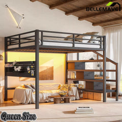 Bellemave® Loft Bed with Movable Desk, Storage Stairs & Shelves, Metal Bed with LED Lights, USB Ports, Multifunctional Iron Nets for Adults, Kids, Teens - Bellemave