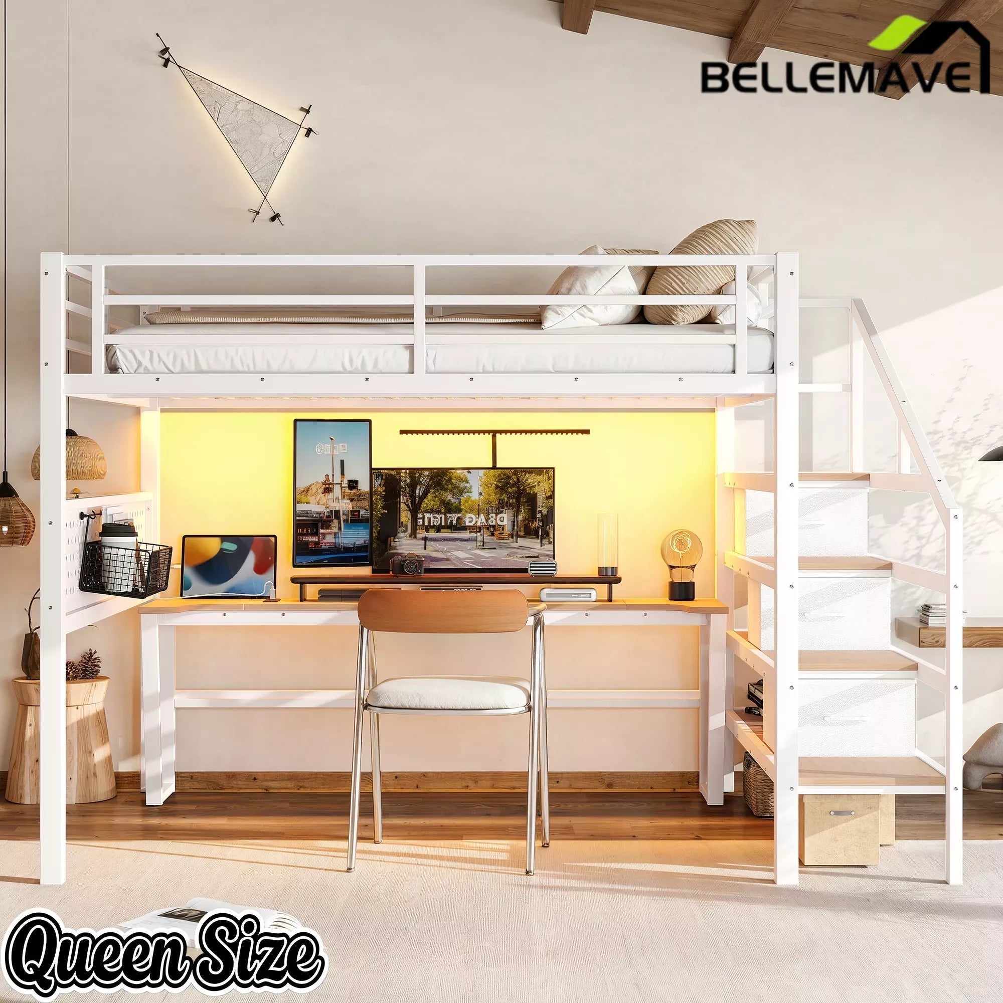 Bellemave® Loft Bed with Movable Desk, Storage Stairs & Shelves, Metal Bed with LED Lights, USB Ports, Multifunctional Iron Nets for Adults, Kids, Teens - Bellemave
