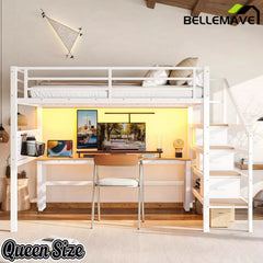 Bellemave® Loft Bed with Movable Desk, Storage Stairs & Shelves, Metal Bed with LED Lights, USB Ports, Multifunctional Iron Nets for Adults, Kids, Teens - Bellemave