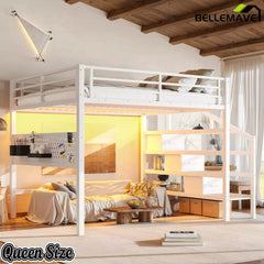 Bellemave® Loft Bed with Movable Desk, Storage Stairs & Shelves, Metal Bed with LED Lights, USB Ports, Multifunctional Iron Nets for Adults, Kids, Teens - Bellemave