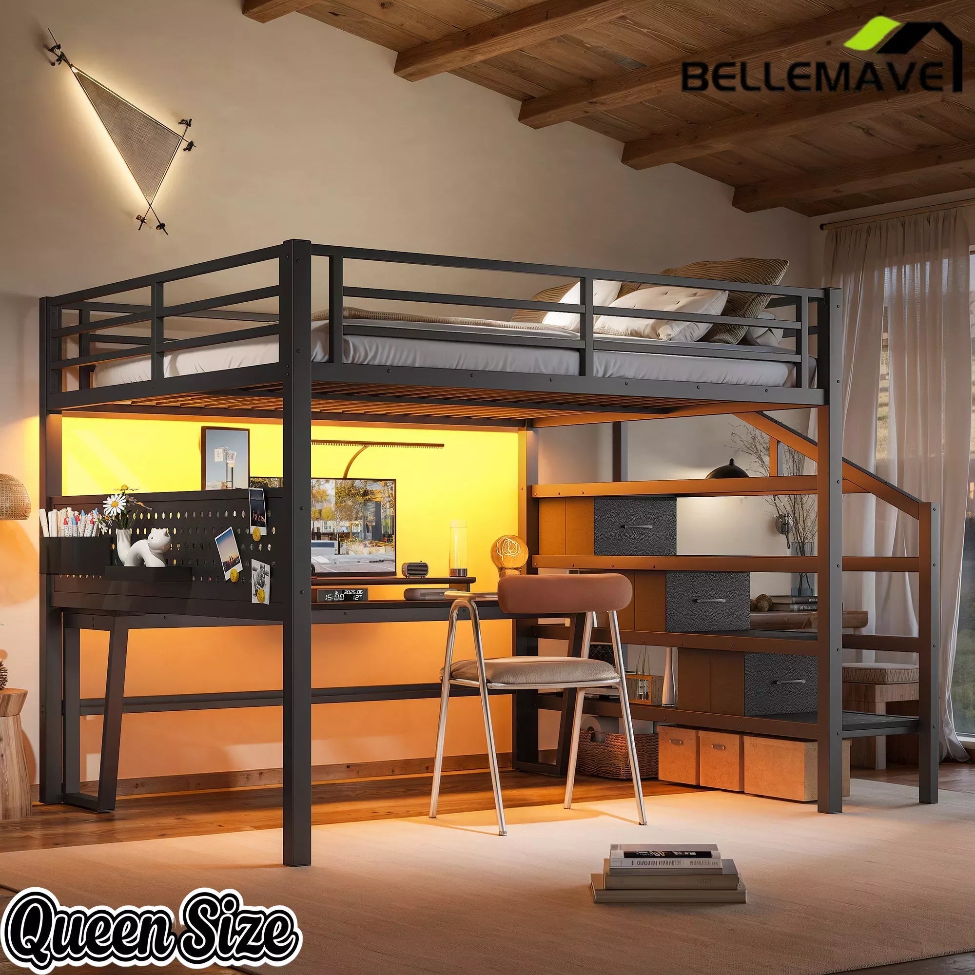 Bellemave® Loft Bed with Movable Desk, Storage Stairs & Shelves, Metal Bed with LED Lights, USB Ports, Multifunctional Iron Nets for Adults, Kids, Teens - Bellemave