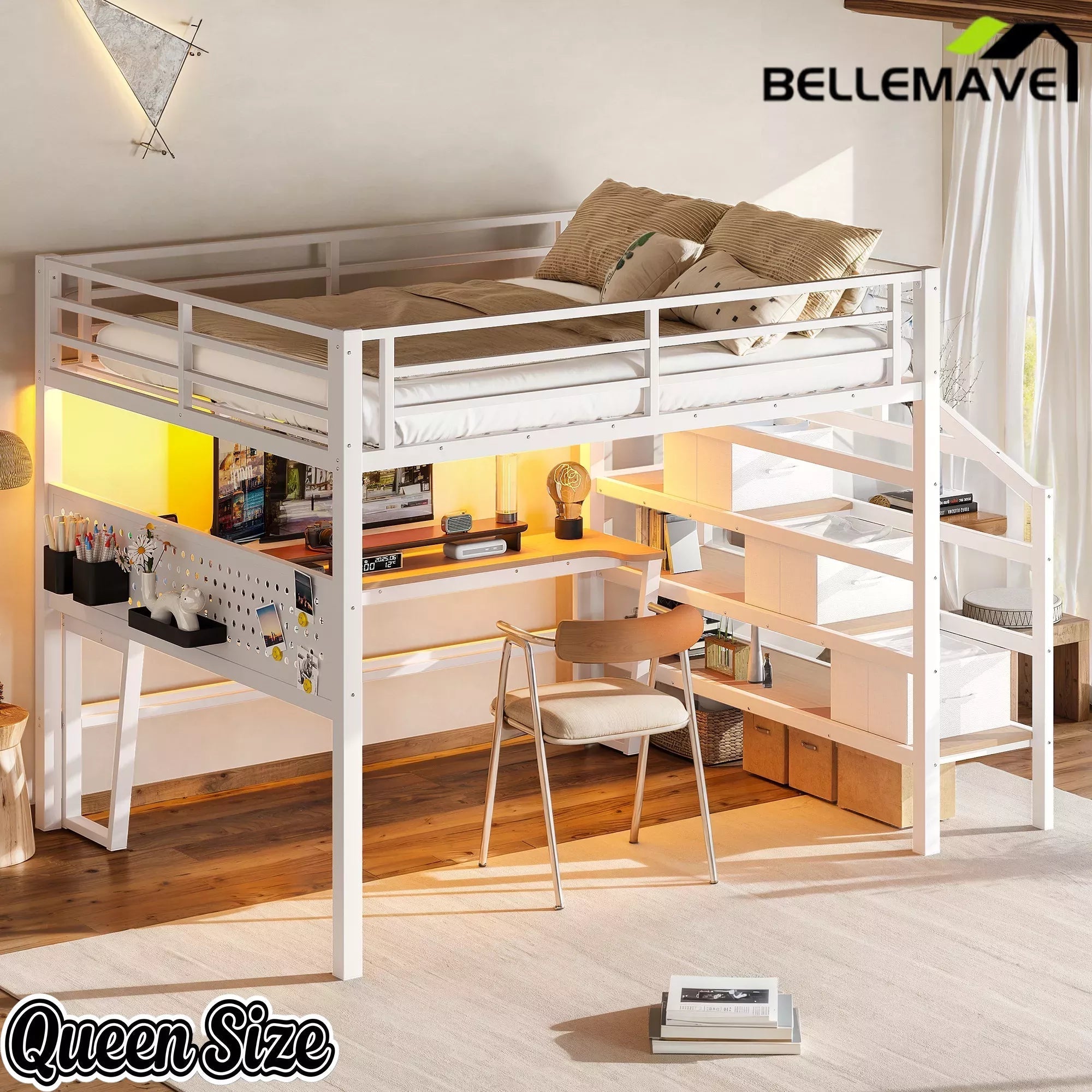 Bellemave® Loft Bed with Movable Desk, Storage Stairs & Shelves, Metal Bed with LED Lights, USB Ports, Multifunctional Iron Nets for Adults, Kids, Teens - Bellemave
