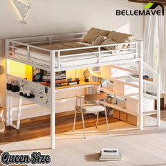 Bellemave® Loft Bed with Movable Desk, Storage Stairs & Shelves, Metal Bed with LED Lights, USB Ports, Multifunctional Iron Nets for Adults, Kids, Teens - Bellemave