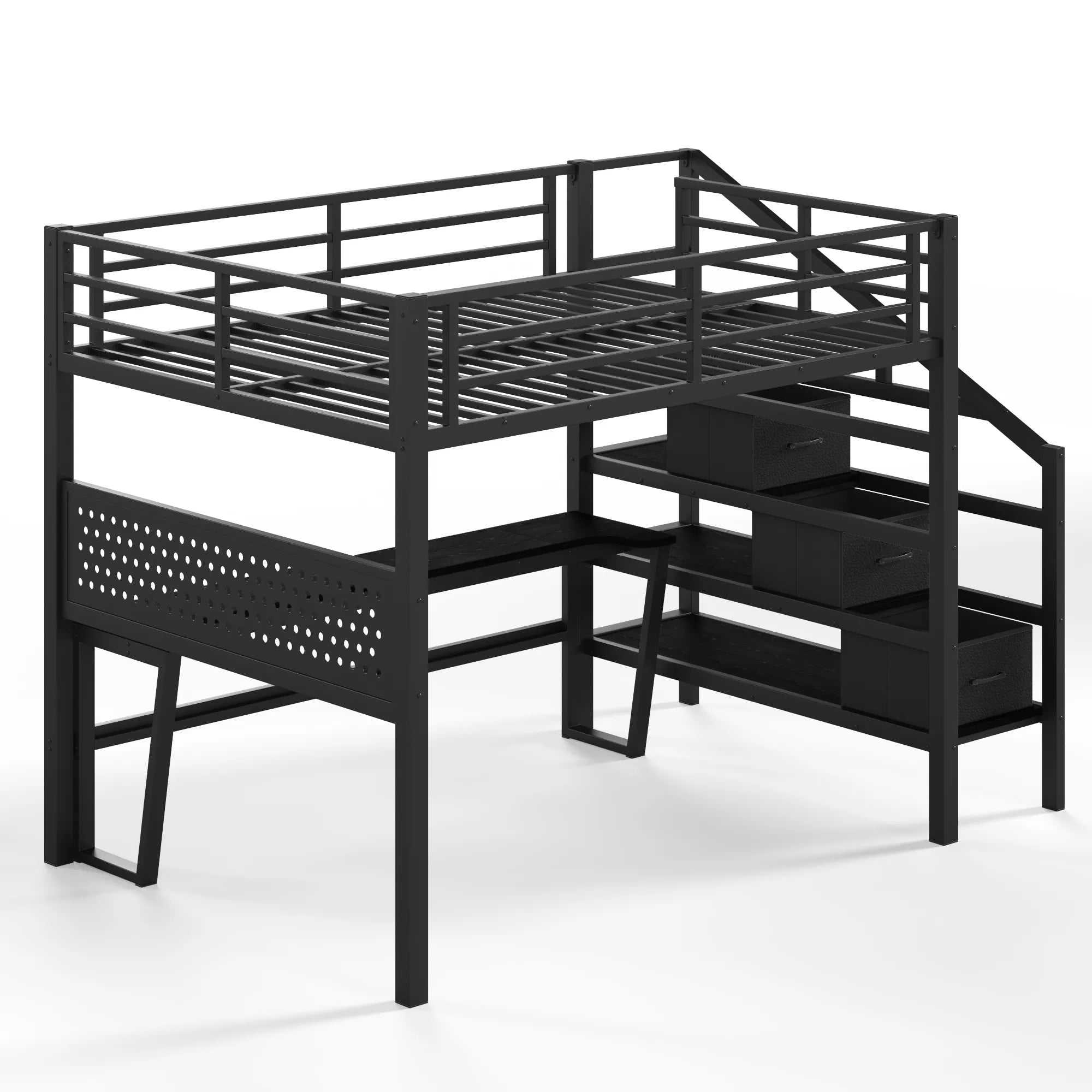 Bellemave® Loft Bed with Movable Desk, Storage Stairs & Shelves, Metal Bed with LED Lights, USB Ports, Multifunctional Iron Nets for Adults, Kids, Teens - Bellemave